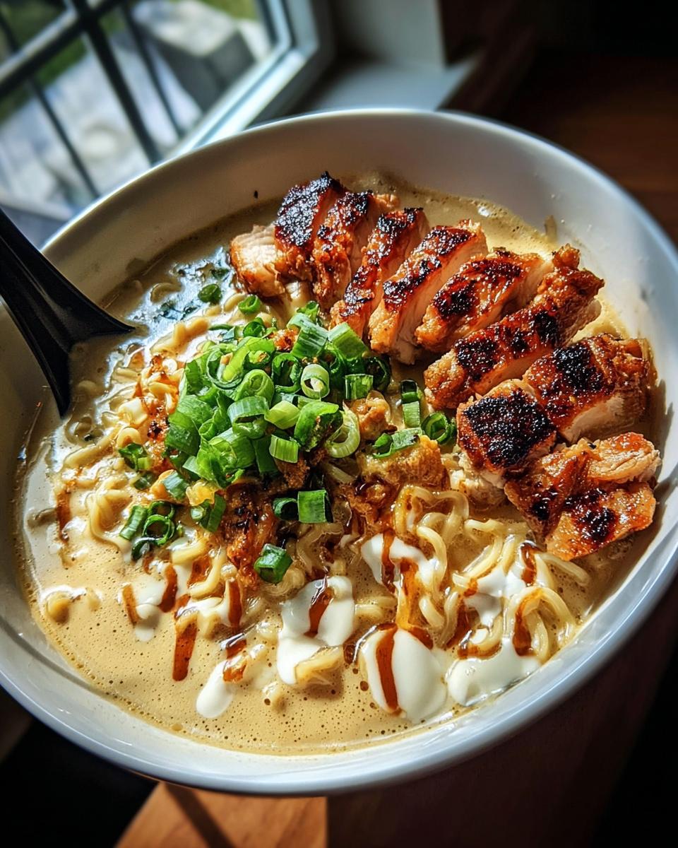 A close-up of a bowl of Creamy Garlic Chicken Ramen, featuring sliced grilled chicken, ramen noodles, green onions, and a creamy broth.