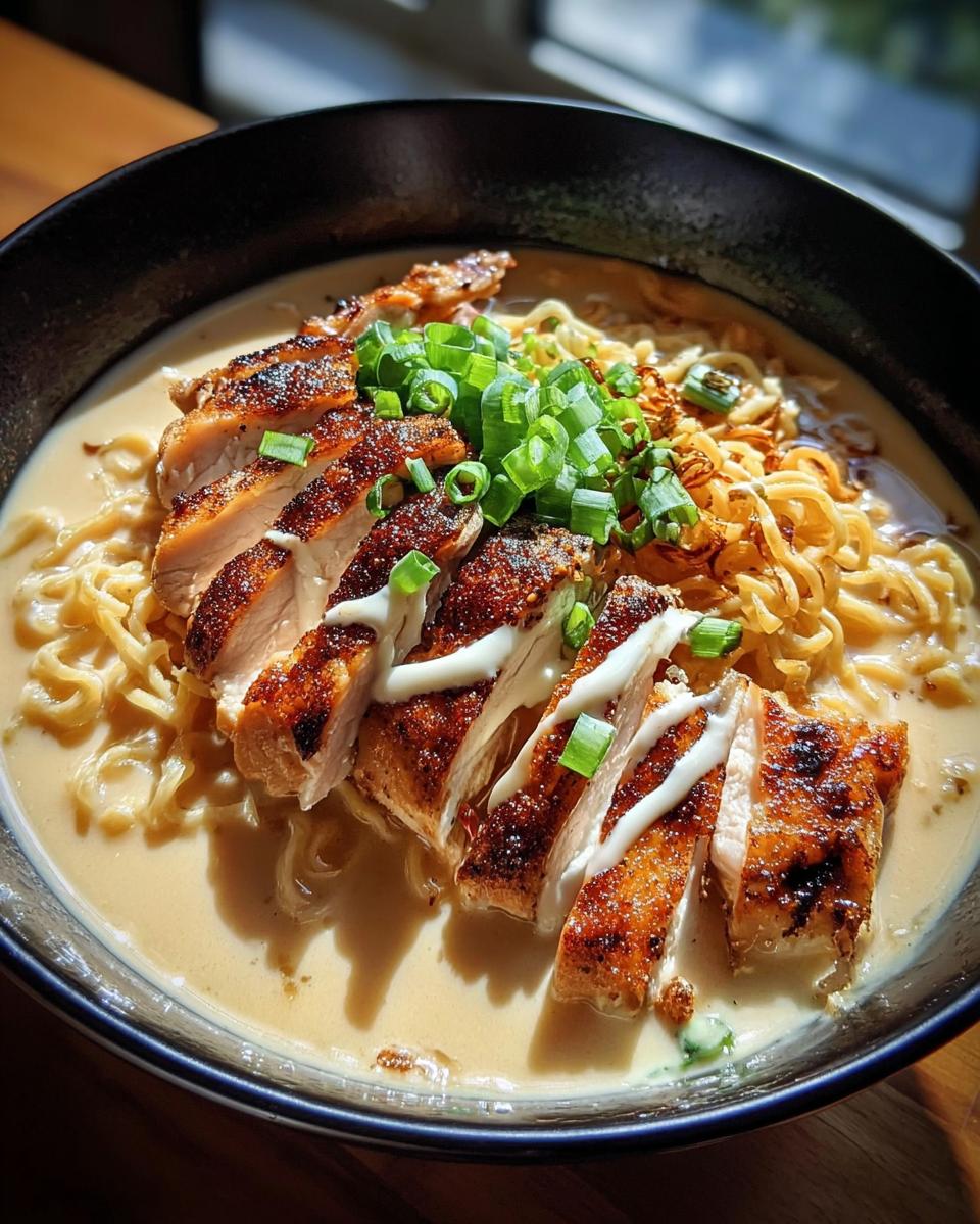A bowl of Creamy Garlic Chicken Ramen topped with sliced grilled chicken, green onions, and crispy fried shallots.