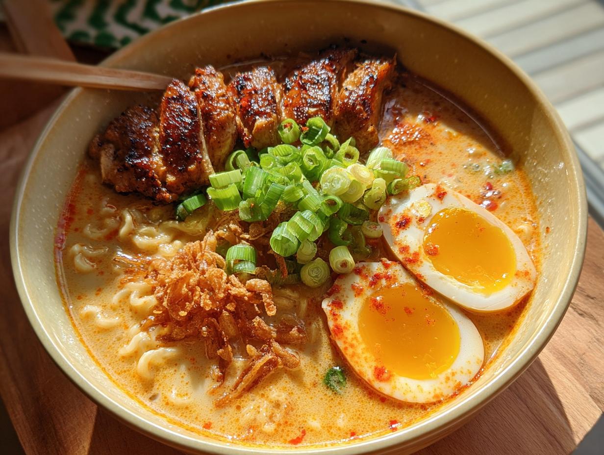 A delicious bowl of Creamy Garlic Chicken Ramen topped with sliced chicken, soft-boiled eggs, and scallions.