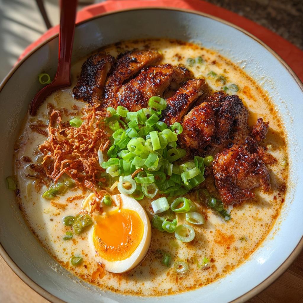 A delicious bowl of Creamy Garlic Chicken Ramen, topped with sliced chicken, a soft-boiled egg, and green onions.