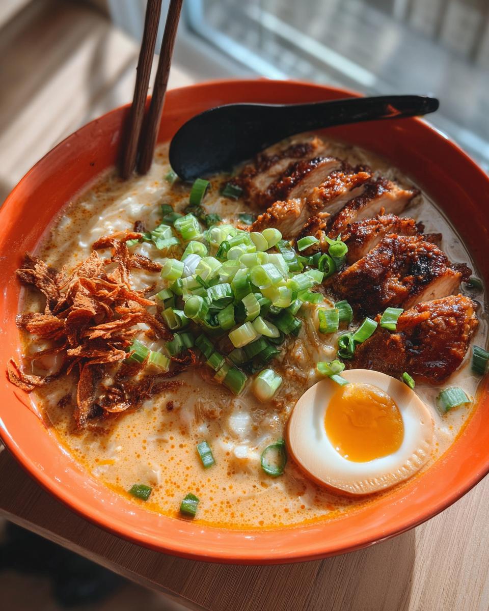 A close-up of a bowl of Creamy Garlic Chicken Ramen, featuring sliced grilled chicken, a soft-boiled egg, and green onions.