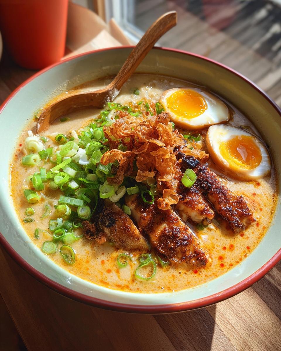A close-up of a bowl of Creamy Garlic Chicken Ramen, featuring tender chicken slices, soft-boiled eggs, and green onions.