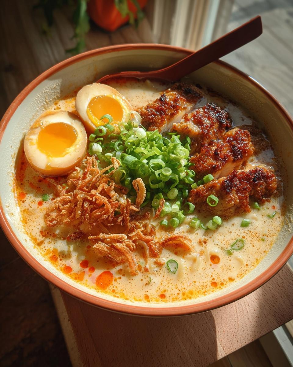 A bowl of Creamy Garlic Chicken Ramen topped with sliced chicken, ramen egg, and green onions.