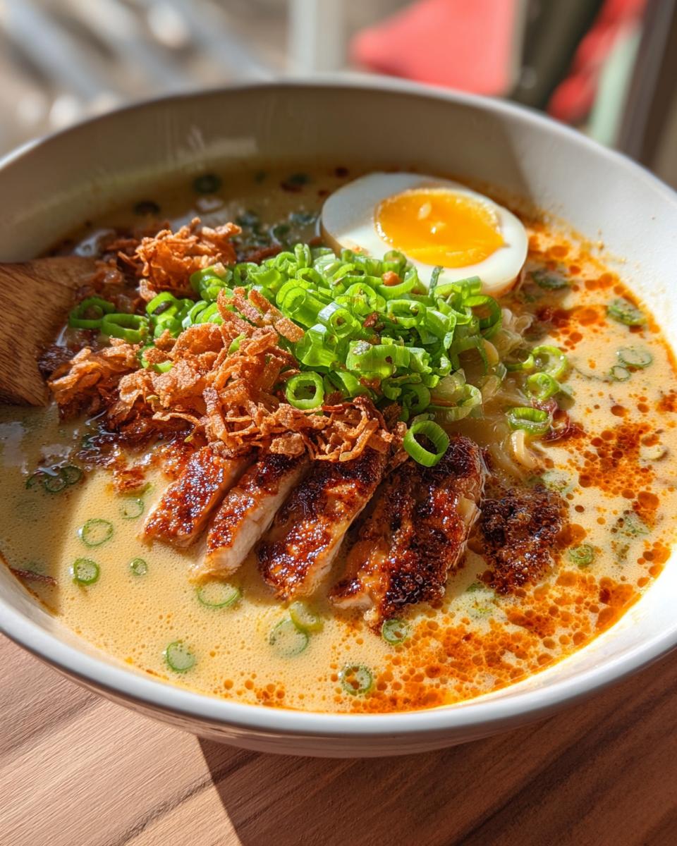 A close-up of a bowl of Creamy Garlic Chicken Ramen, featuring sliced chicken, a soft-boiled egg, and green onions.