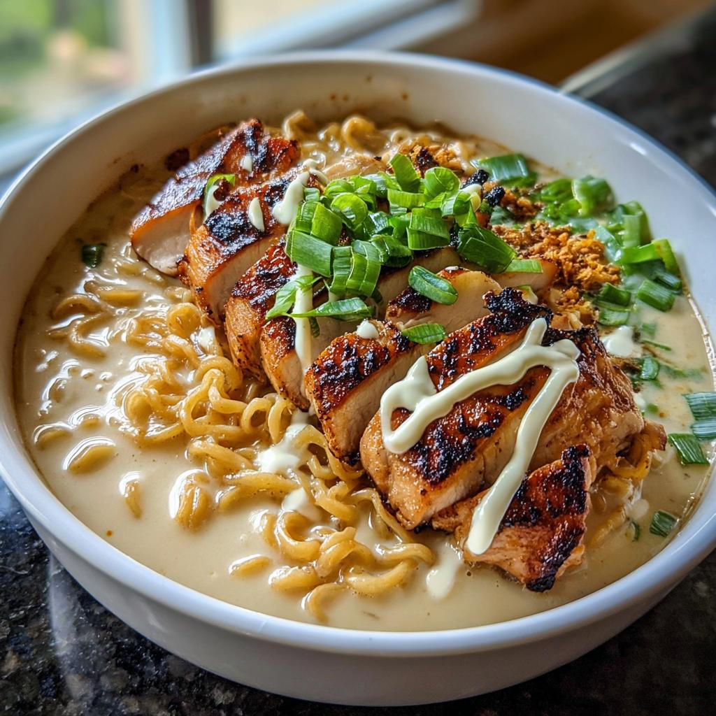 A bowl of Creamy Garlic Chicken Ramen topped with grilled chicken slices, green onions, and a drizzle of sauce.
