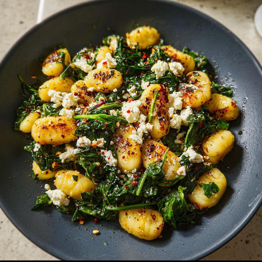 A close-up of a dark bowl filled with creamy gnocchi, wilted spinach, and crumbled feta cheese, seasoned with red pepper flakes.