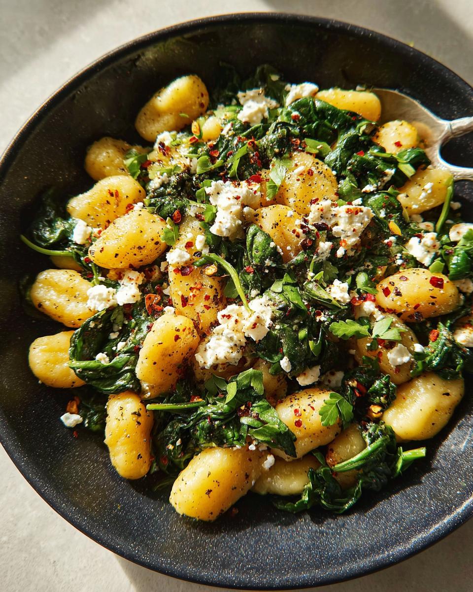 Close-up of a bowl of creamy gnocchi with spinach and feta cheese, garnished with chili flakes and parsley.