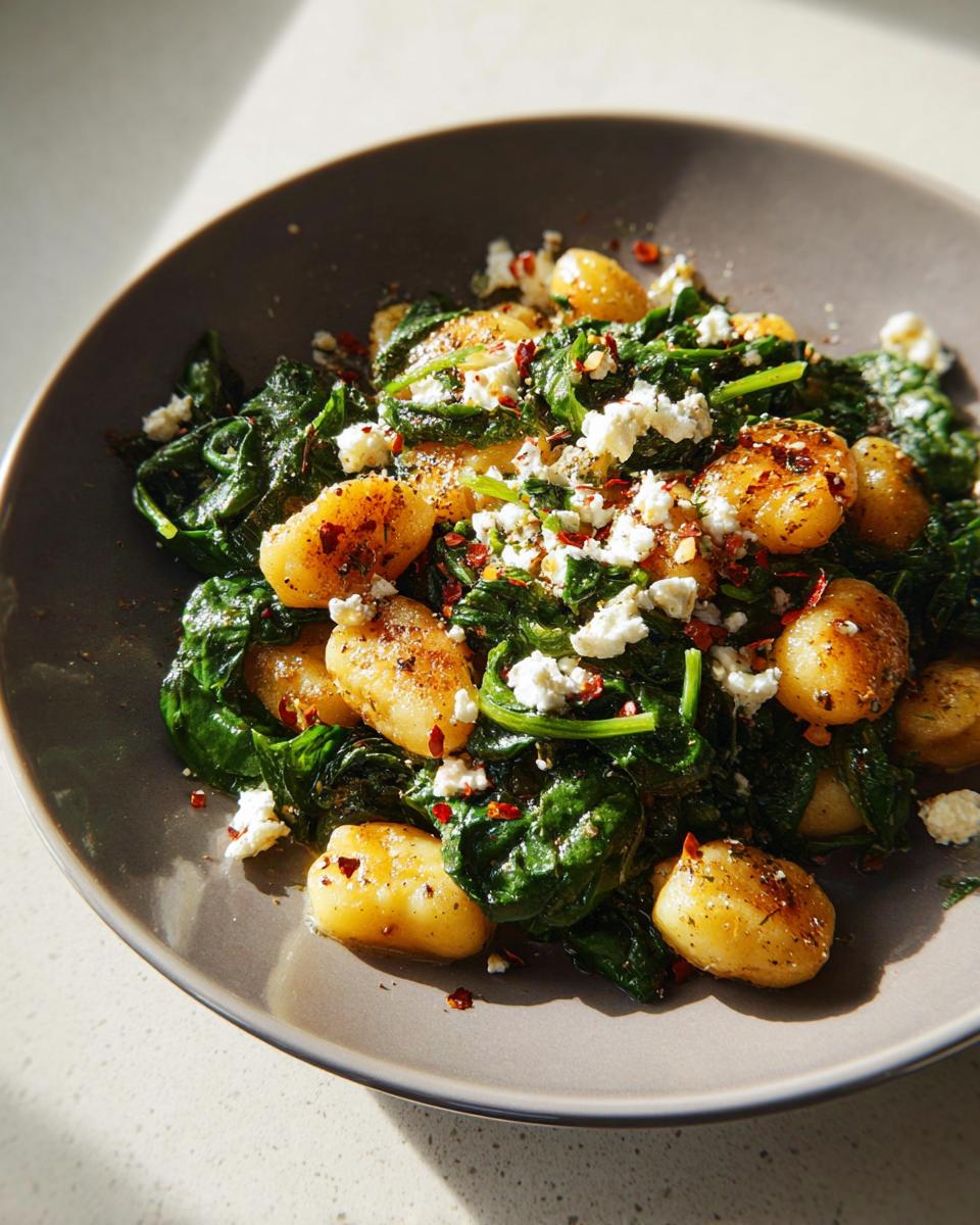 A close-up of creamy gnocchi with spinach and feta cheese, topped with chili flakes.