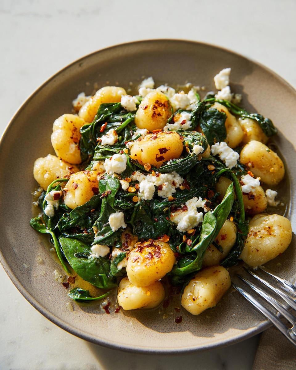 A close-up of creamy gnocchi with spinach and feta cheese, sprinkled with red pepper flakes.
