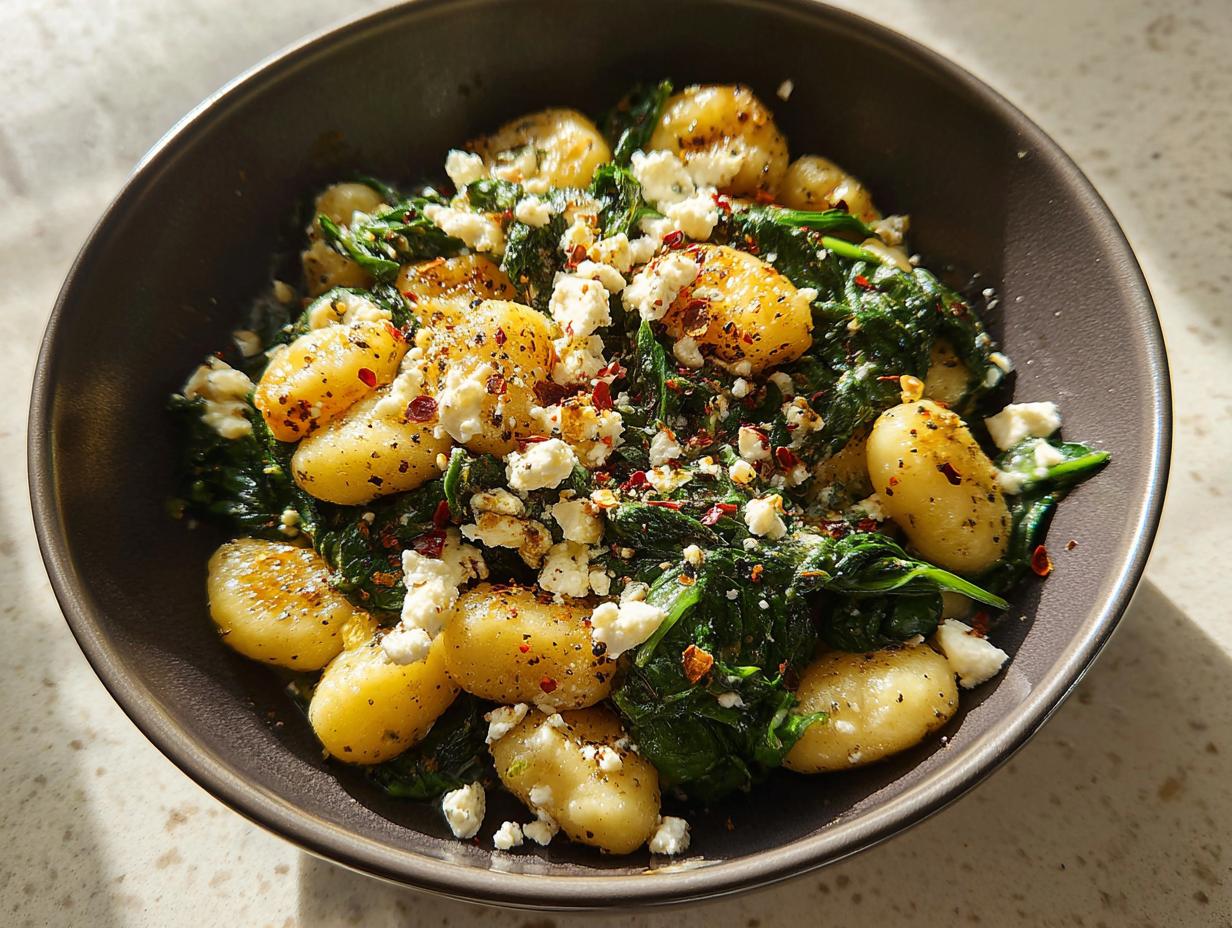 A close-up of a bowl of creamy gnocchi with spinach and feta cheese, sprinkled with chili flakes.
