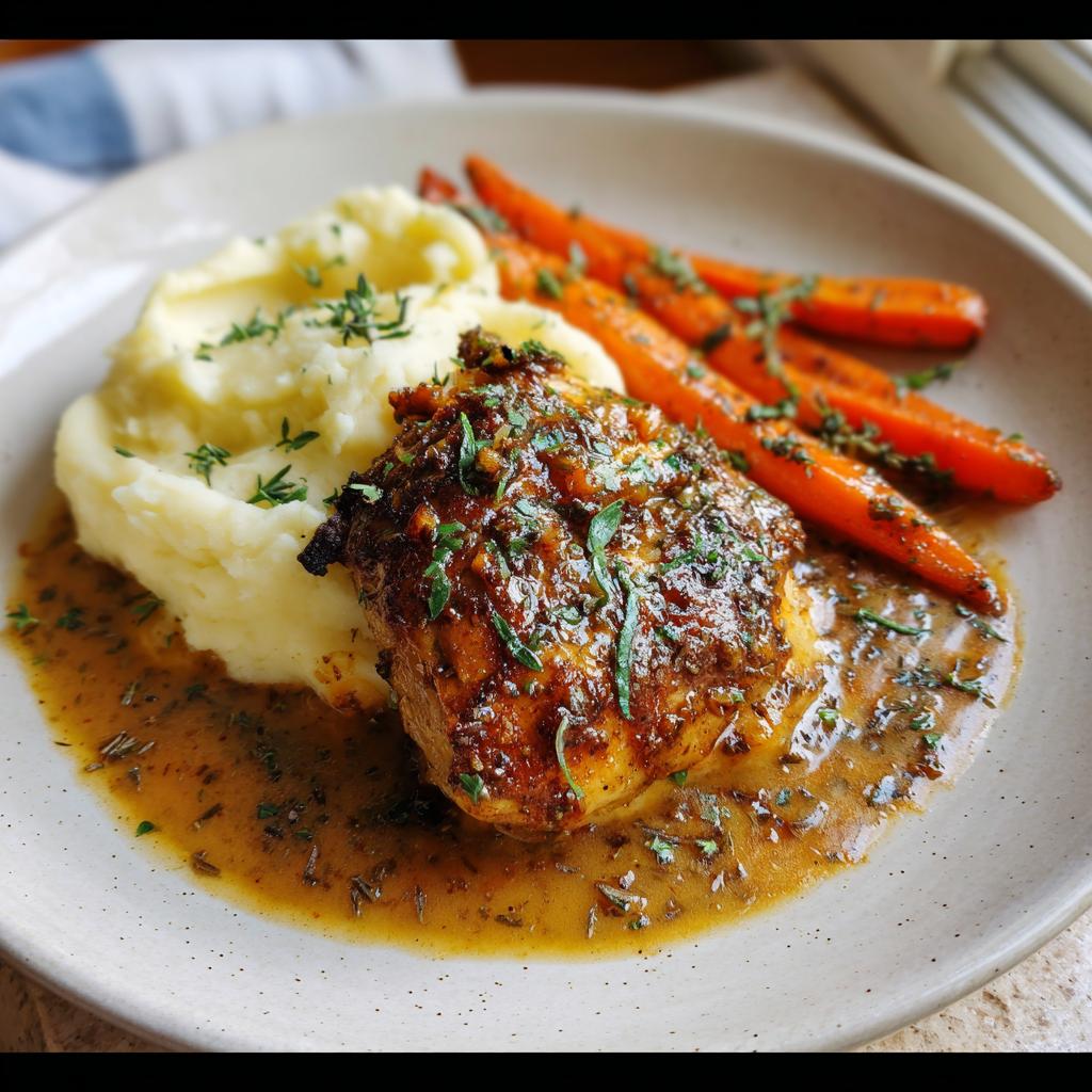 A plate of creamy herb chicken served with fluffy mashed potatoes and glazed carrots, drizzled with herb sauce.