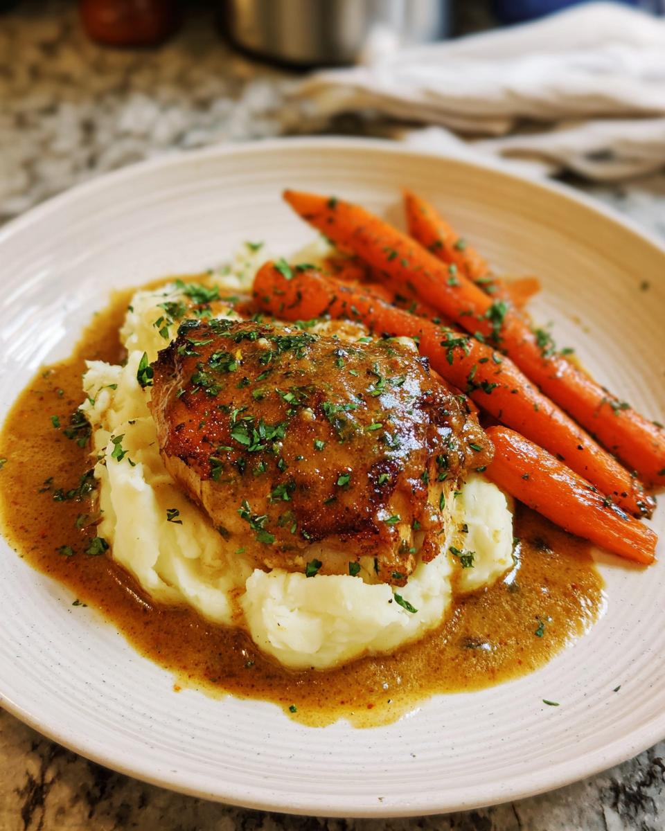 A plate of creamy herb chicken served with mashed potatoes and glazed carrots, drizzled with sauce.