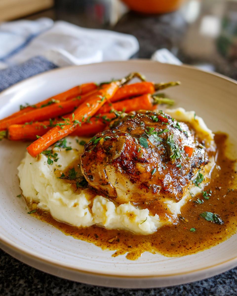 A plate of Creamy Herb Chicken with Mashed Potatoes and Glazed Carrots, garnished with parsley.
