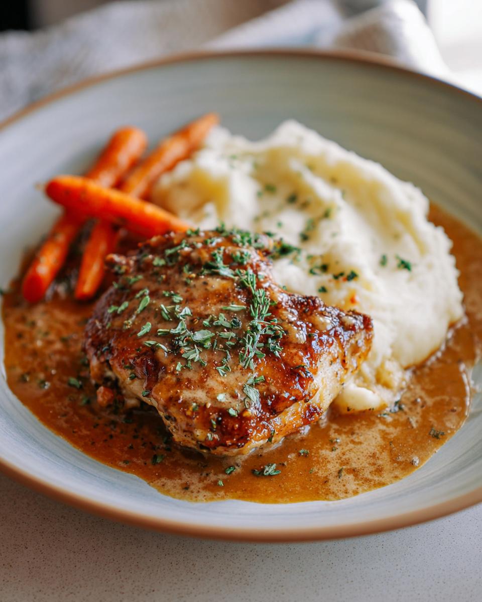 A plate of Creamy Herb Chicken with Mashed Potatoes and glazed carrots, drizzled in sauce and garnished with herbs.