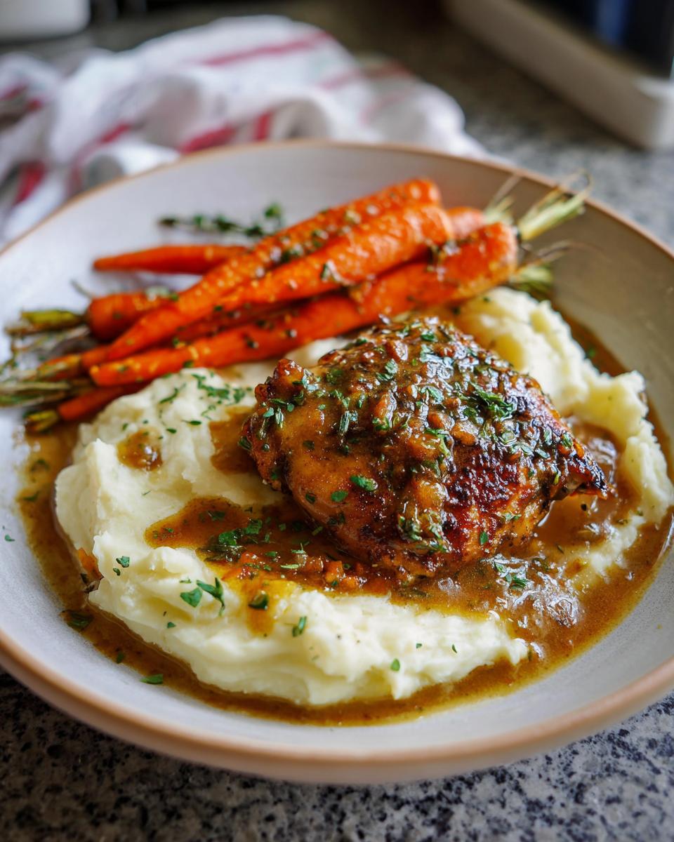 A serving of creamy herb chicken with mashed potatoes and glazed carrots, drizzled with sauce.