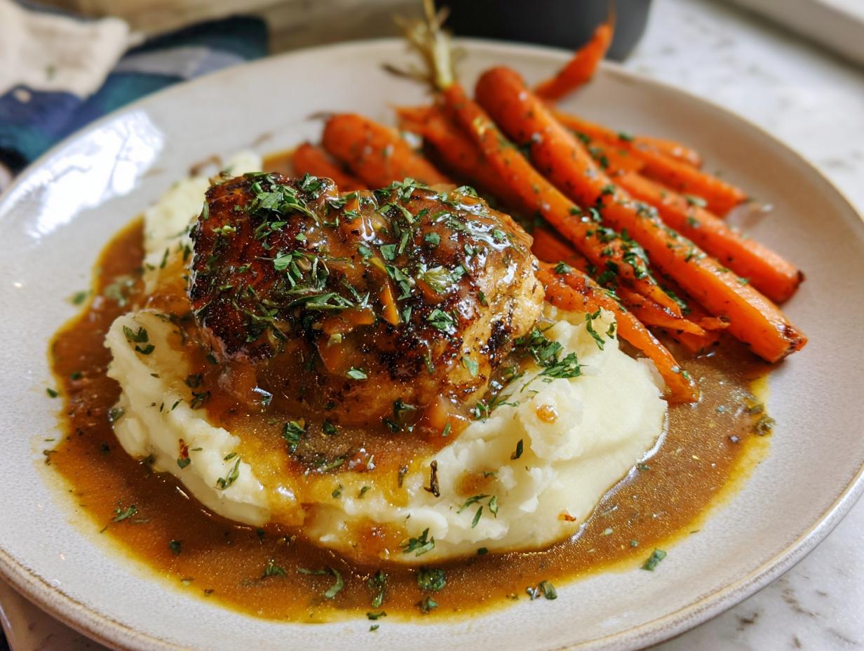 A plate of creamy herb chicken served over mashed potatoes with glazed carrots, drizzled in sauce and garnished with parsley.