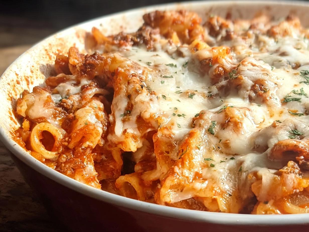 Close-up of a serving dish filled with creamy high protein beef pasta, topped with melted cheese and parsley.