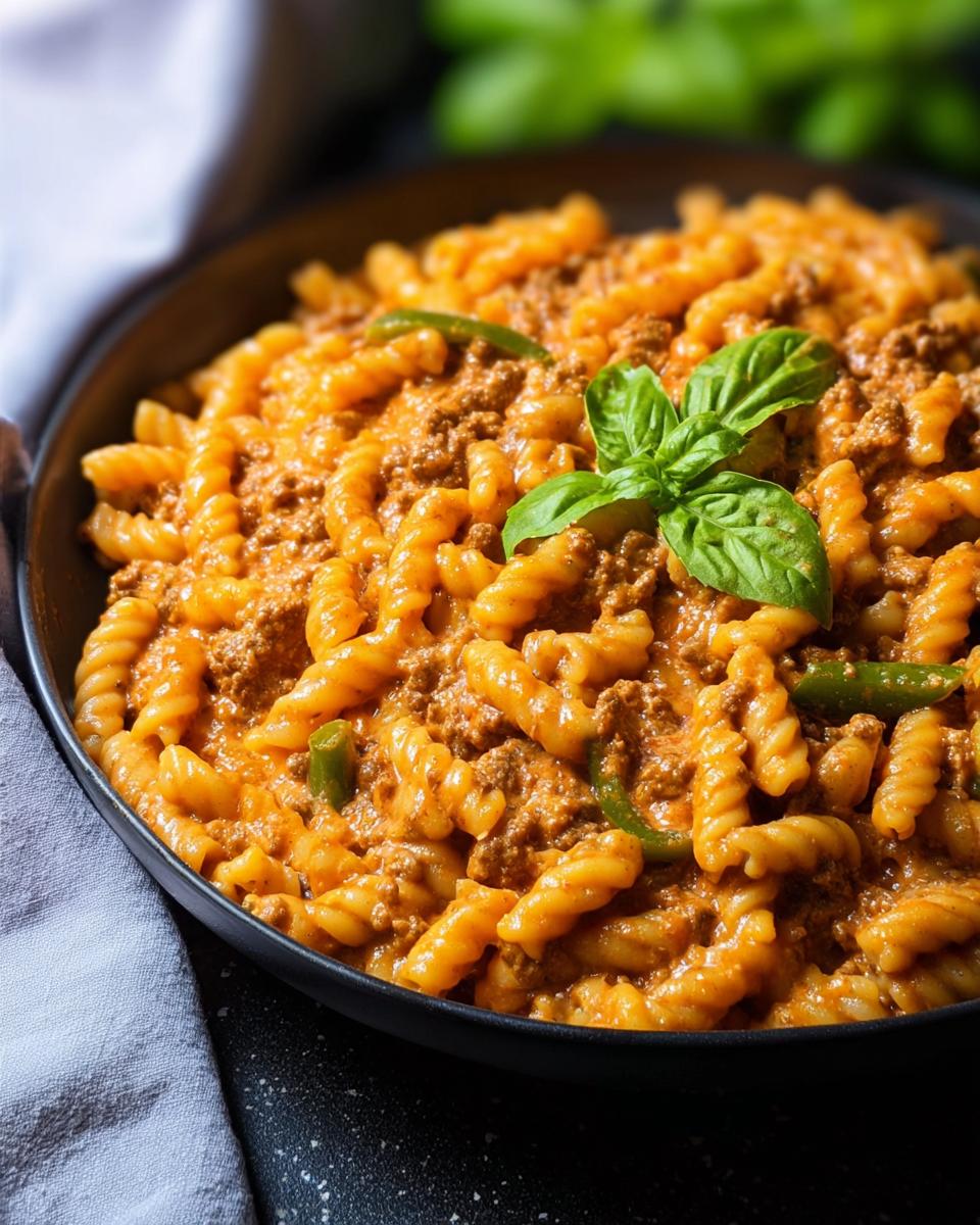 A bowl of creamy high protein beef pasta with fusilli noodles, ground beef, and green peppers, garnished with fresh basil.