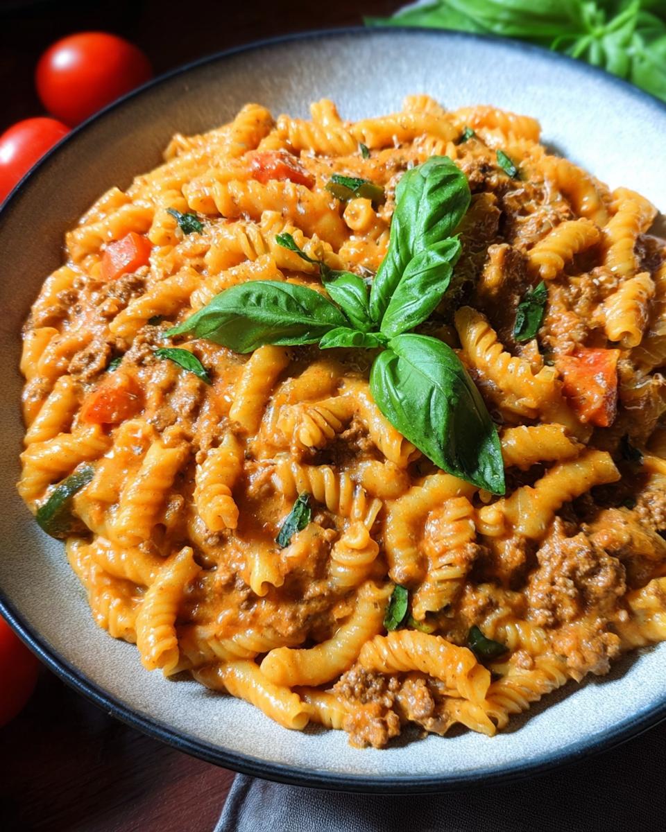 A bowl of Creamy High Protein Beef Pasta with fusilli noodles, ground beef, tomatoes, and fresh basil.