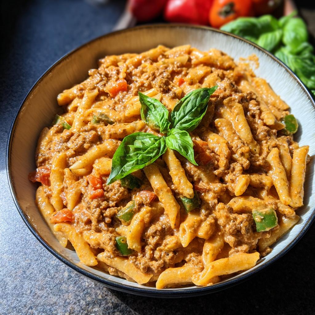 A close-up of a bowl filled with creamy high protein beef pasta, garnished with fresh basil leaves.