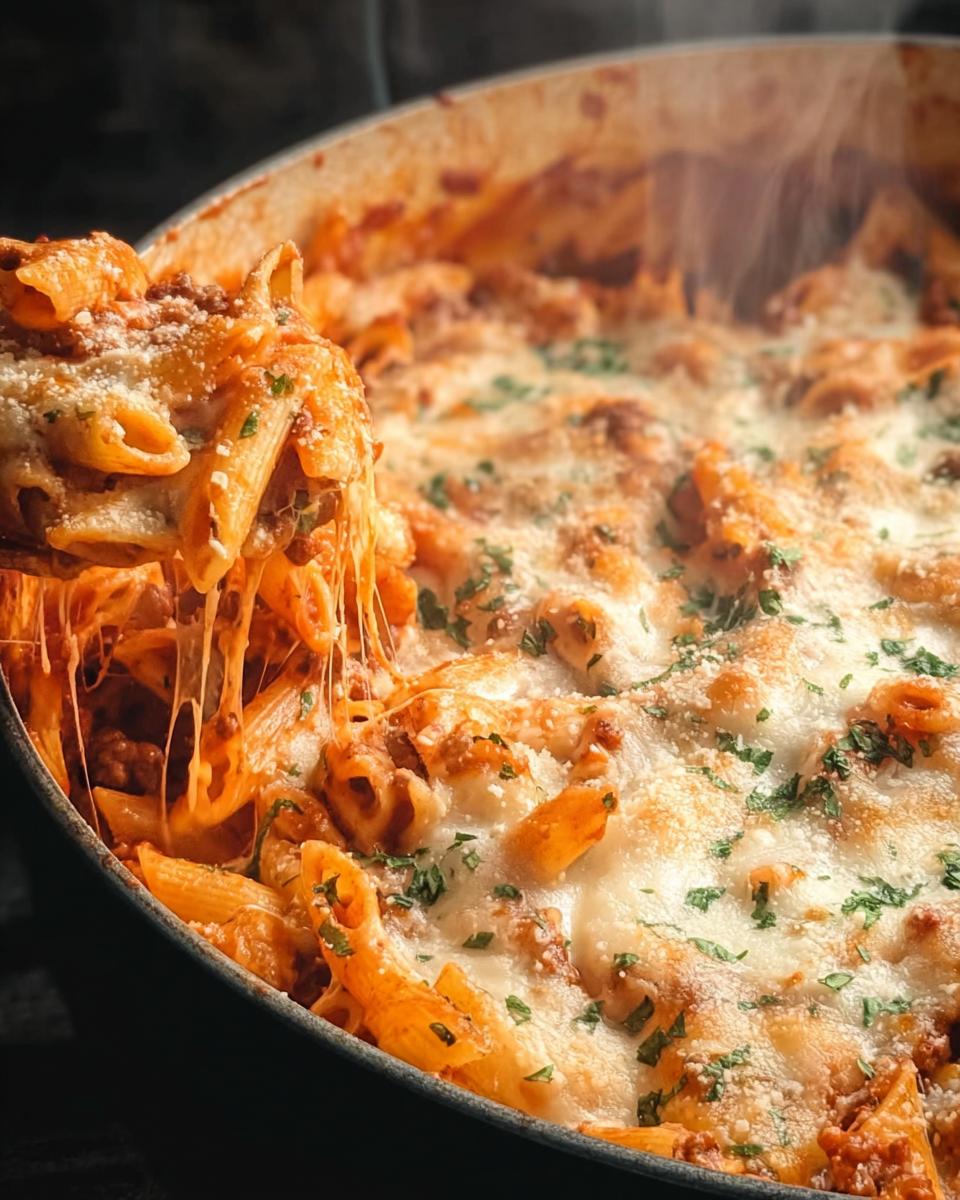 A spoonful of creamy high protein beef pasta with melted cheese and herbs, served from a hot pan.