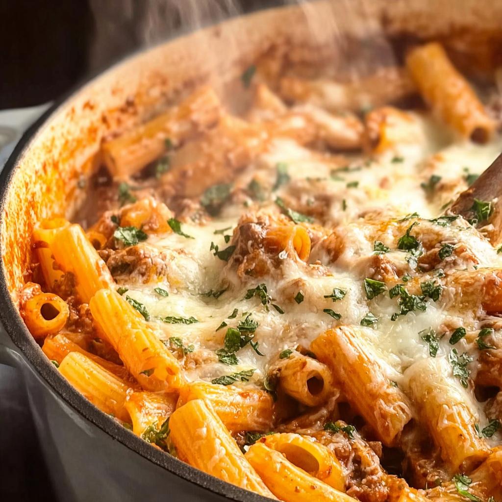 Close-up of a steaming pot of Creamy High Protein Beef Pasta, topped with melted cheese and parsley.
