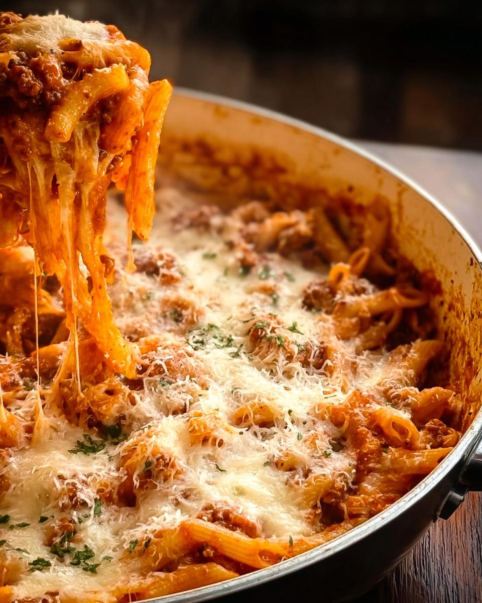 A serving spoon lifts a portion of Creamy High Protein Beef Pasta, showcasing melted cheese stretching from the dish.