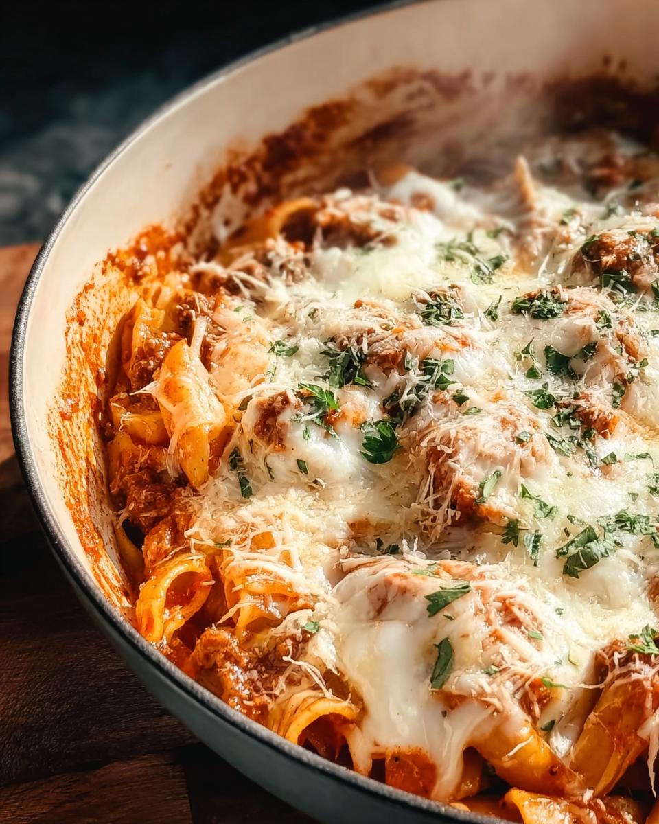 Close-up of a steaming skillet filled with Creamy High Protein Beef Pasta, topped with melted cheese and parsley.