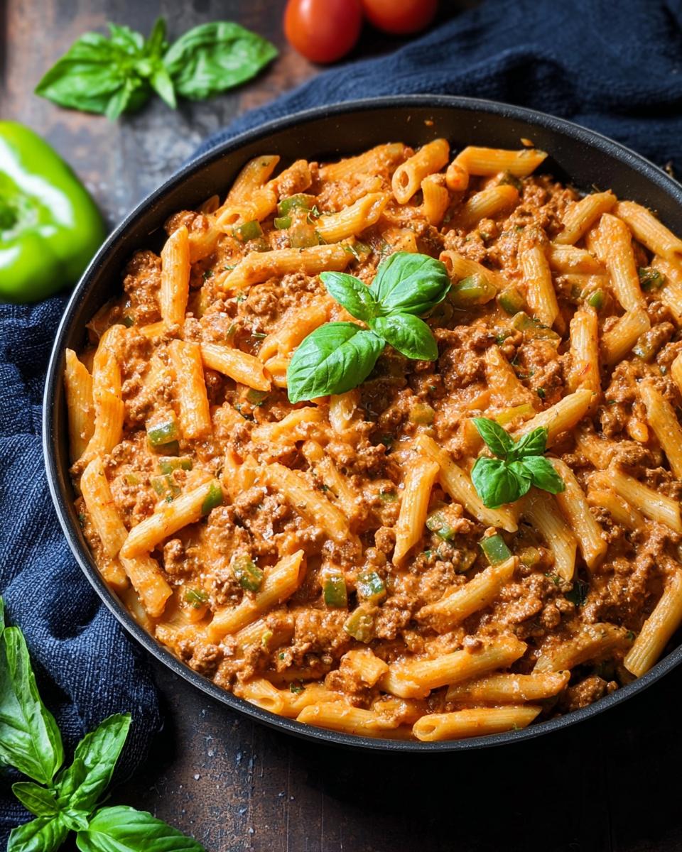 Close-up of a skillet filled with Creamy High Protein Beef Pasta, garnished with fresh basil.