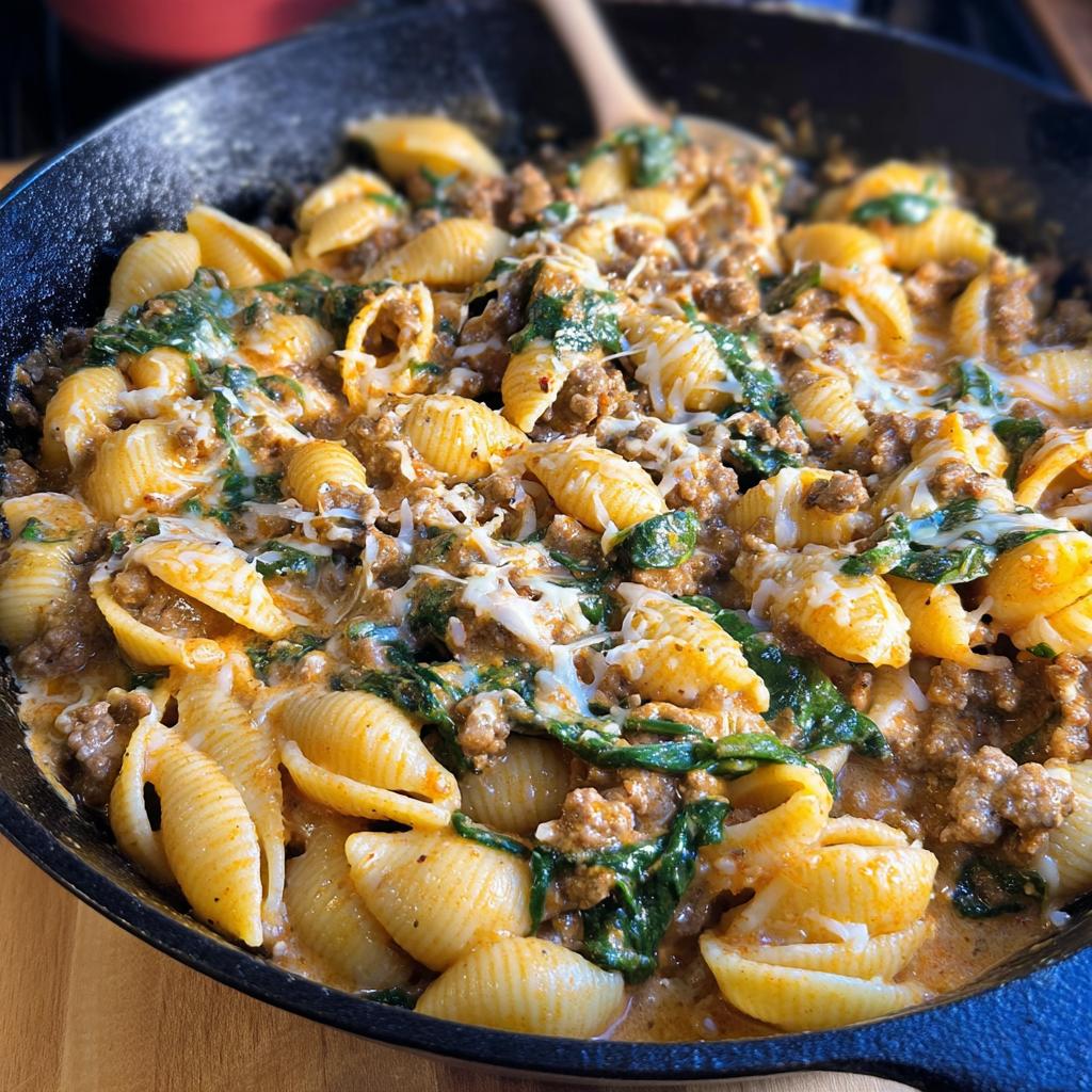 Close-up of Creamy High Protein Beef Pasta with shell pasta, ground beef, spinach, and cheese in a cast iron skillet.