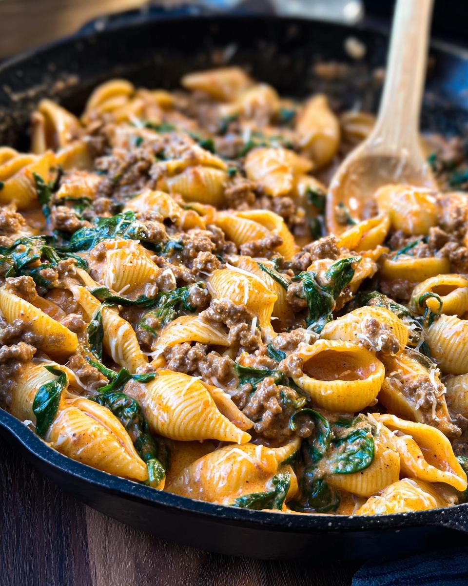Close-up of Creamy High Protein Beef Pasta with spinach and cheese in a cast iron skillet, being stirred with a wooden spoon.