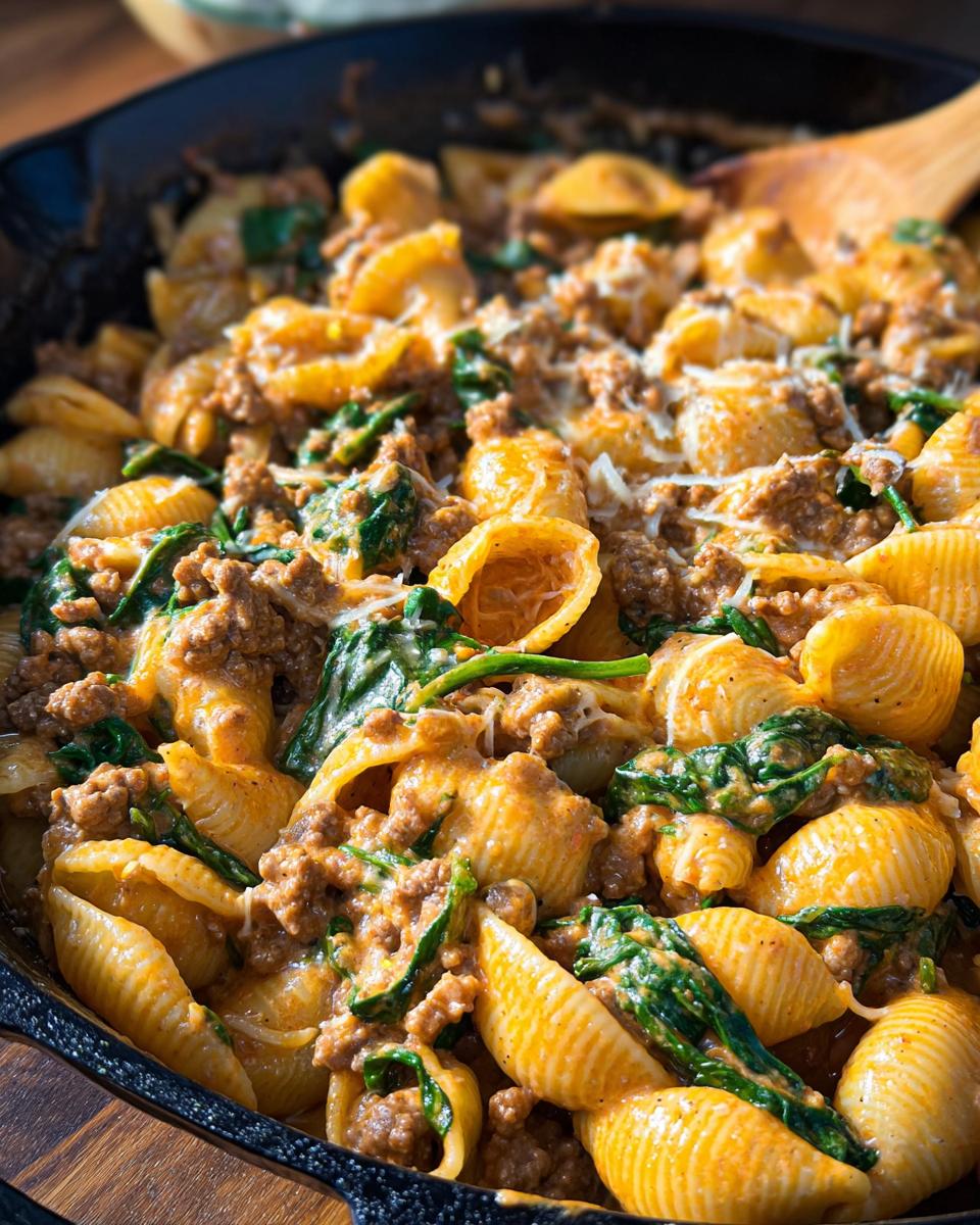 Close-up of Creamy High Protein Beef Pasta with spinach and cheese in a cast iron skillet.