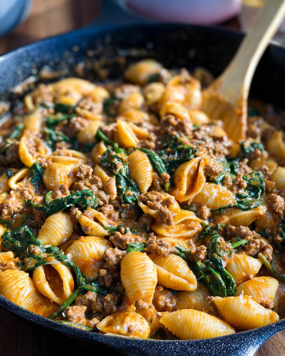 Close-up of Creamy High Protein Beef Pasta with spinach in a cast iron skillet, being stirred with a wooden spoon.