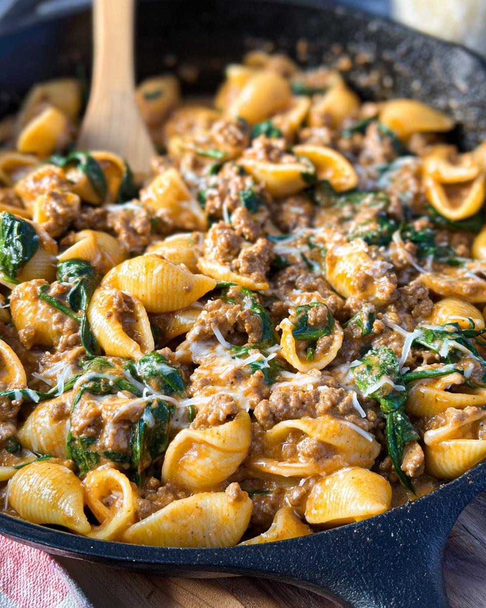 Close-up of Creamy High Protein Beef Pasta with spinach and cheese in a cast iron skillet, being stirred with a wooden spoon.