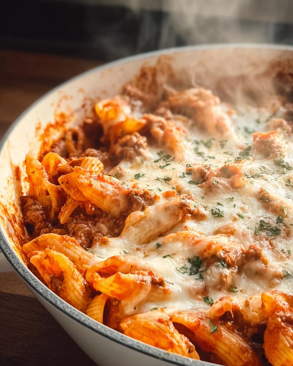 Close-up of a steaming skillet filled with creamy high protein beef pasta, topped with melted cheese and parsley.