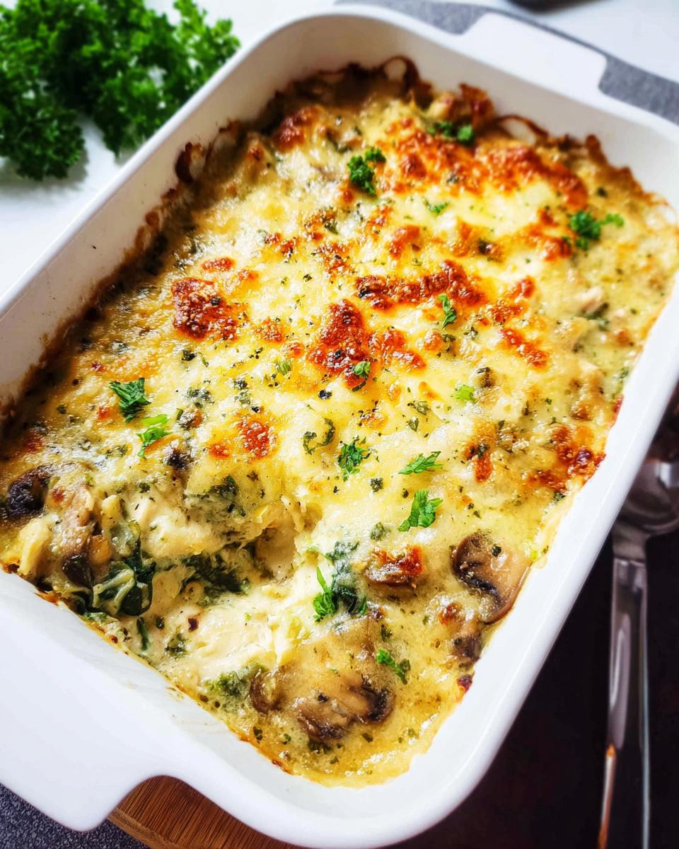 A golden-brown, bubbly Creamy Low Carb Chicken Casserole baked in a white dish, topped with melted cheese and parsley.