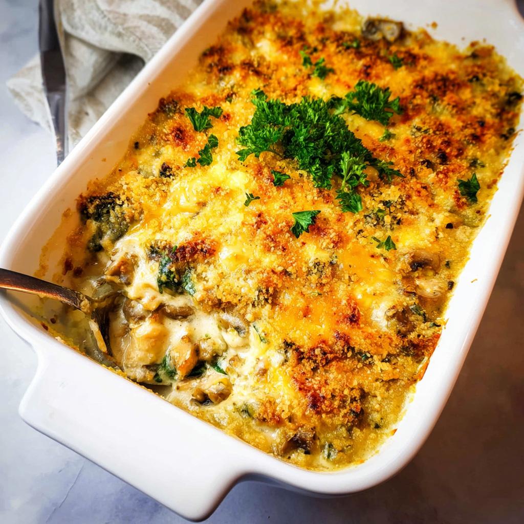 A close-up of a bubbling Creamy Low Carb Chicken Casserole in a white baking dish, topped with golden-brown cheese and breadcrumbs.