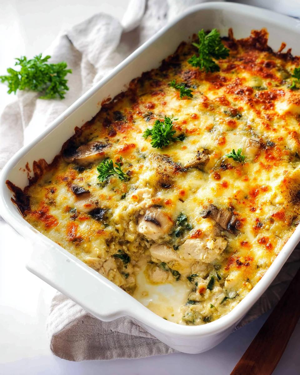 A bubbling Creamy Low Carb Chicken Casserole in a white baking dish, topped with melted cheese and garnished with parsley.