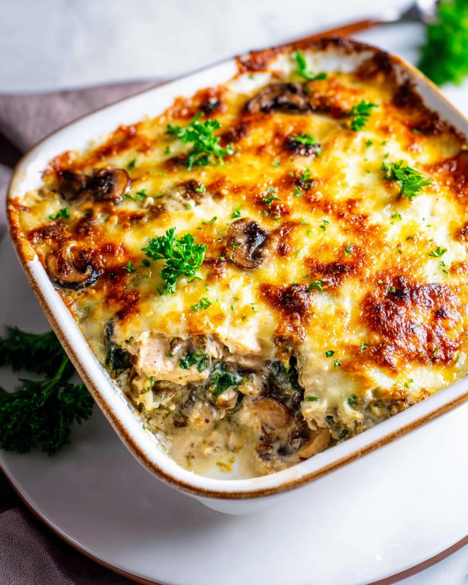 A close-up of a Creamy Low Carb Chicken Casserole in a white dish, topped with melted cheese, mushrooms, and parsley.