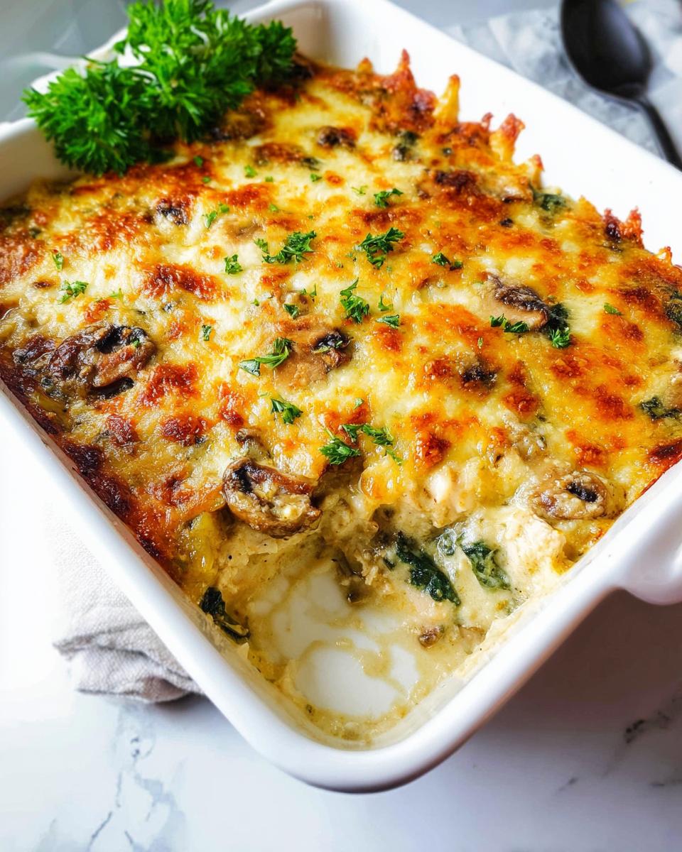 A golden-brown, bubbly Creamy Low Carb Chicken Casserole topped with melted cheese and mushrooms, garnished with parsley.