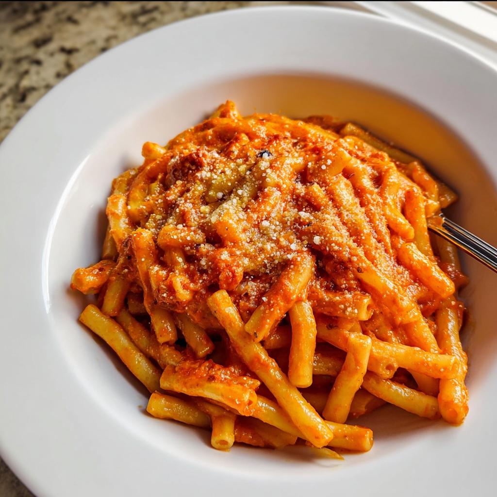 A close-up of creamy tomato garlic pasta, topped with grated cheese, served in a white bowl.