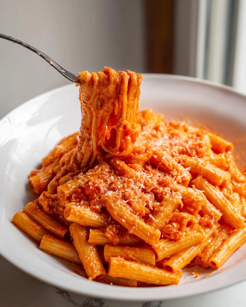 A fork lifting a swirl of creamy tomato garlic pasta from a white bowl, topped with grated cheese.