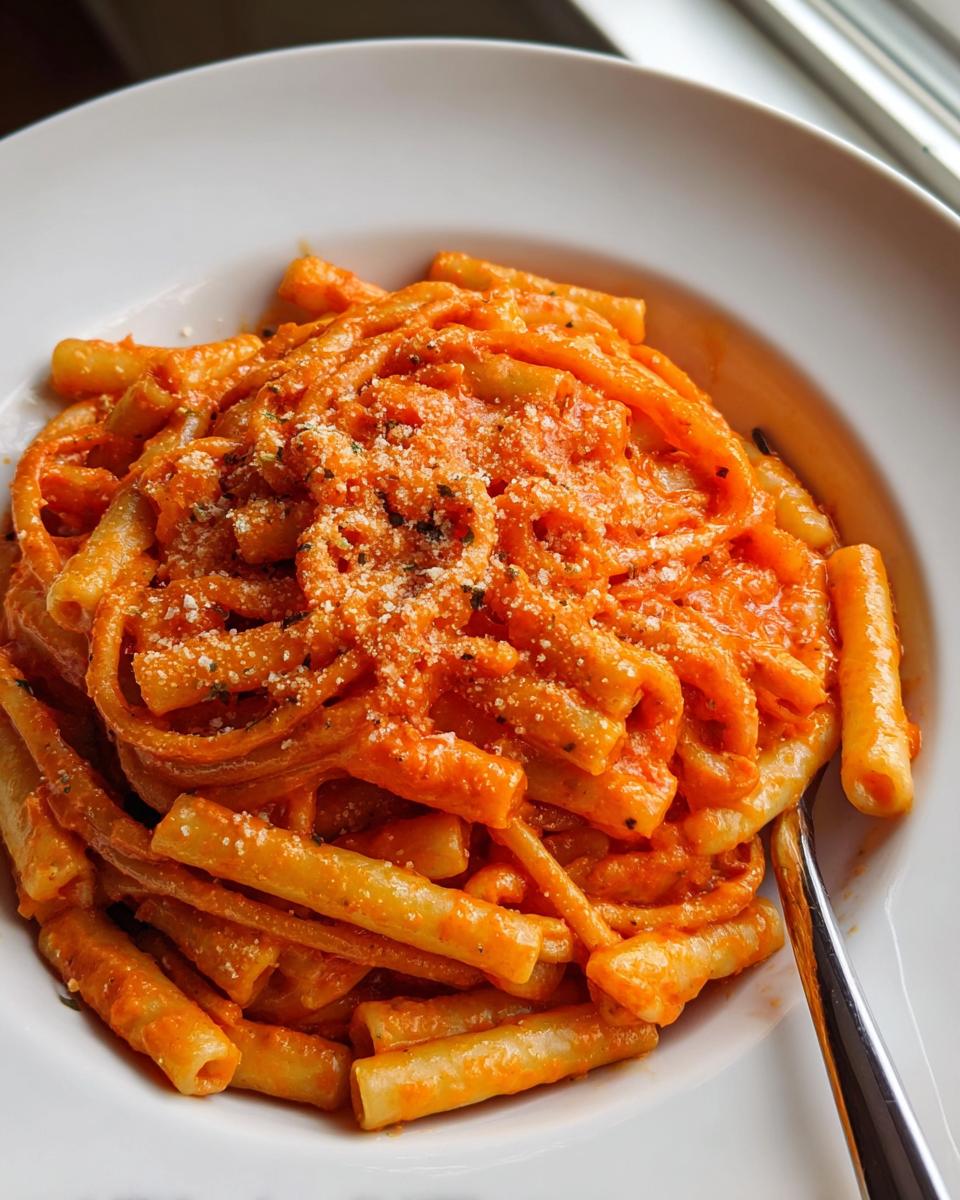 A close-up of creamy tomato garlic pasta, topped with grated cheese and herbs.