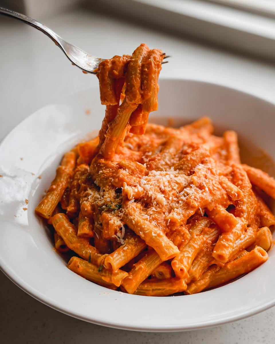 A fork lifting a portion of creamy tomato garlic pasta from a white bowl, topped with grated Parmesan cheese.