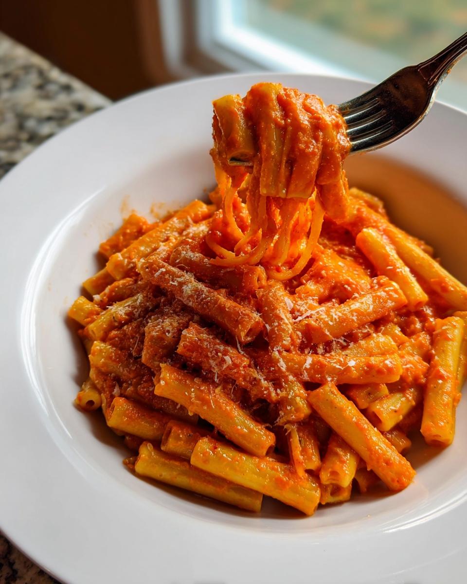 A fork lifting a swirl of creamy tomato garlic pasta from a white bowl of rigatoni.