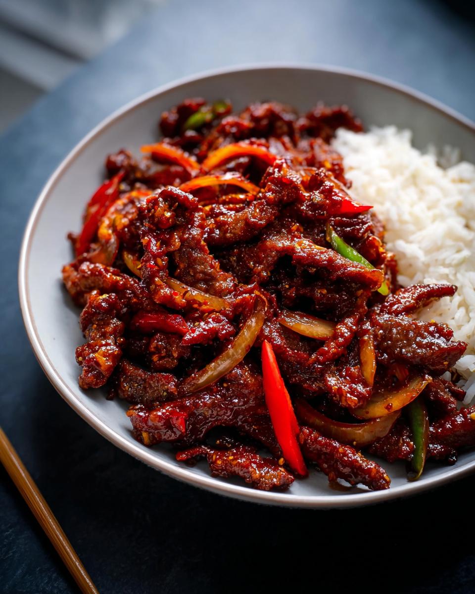 A close-up of a bowl of Crispy Chilli Beef Rice, featuring tender beef strips coated in a glossy sauce with peppers and onions, served alongside fluffy white rice.