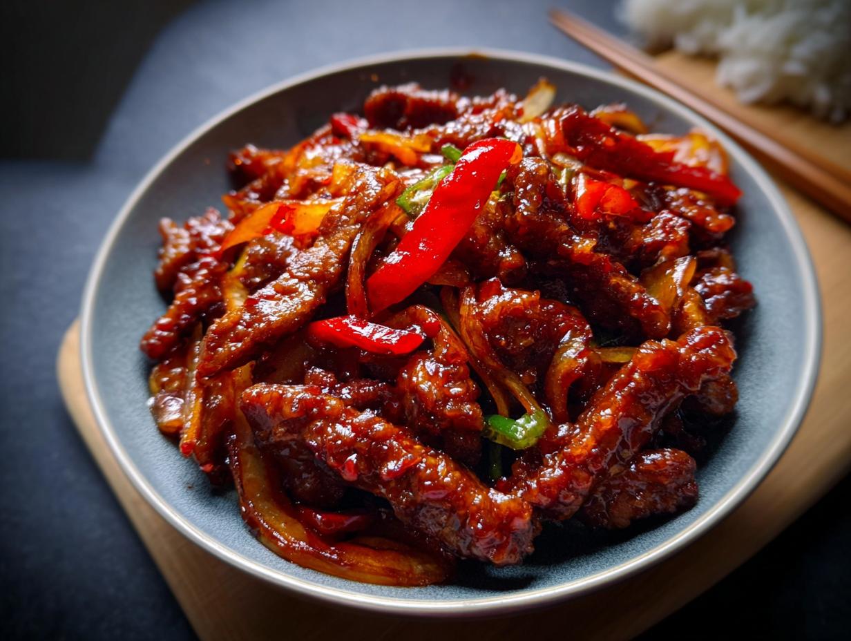 A close-up of a bowl filled with Crispy Chilli Beef Rice, featuring glossy beef strips, red chilli peppers, and onions.