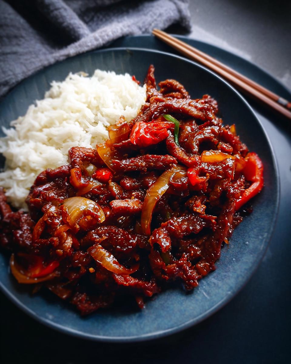 A plate of delicious Crispy Chilli Beef Rice with fluffy white rice and stir-fried beef with peppers and onions.