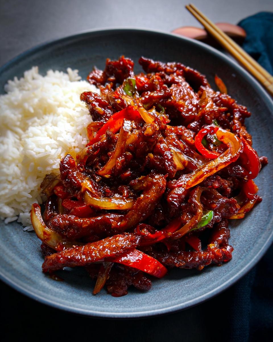 A plate of steaming white rice served with a generous portion of Crispy Chilli Beef, mixed with red bell peppers and onions in a glossy sauce.