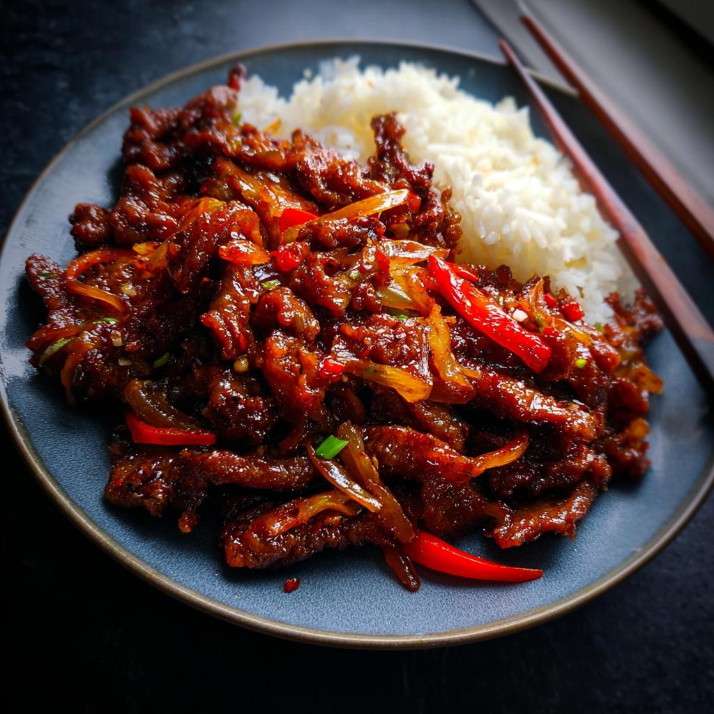 A plate of Crispy Chilli Beef Rice, featuring tender beef strips in a glossy sauce with red chilies and onions, served with fluffy white rice.